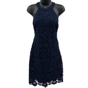 Lulus Love Poem Lace Mini Dress M Navy Blue Sheath Halter Fully Lined Back Zip